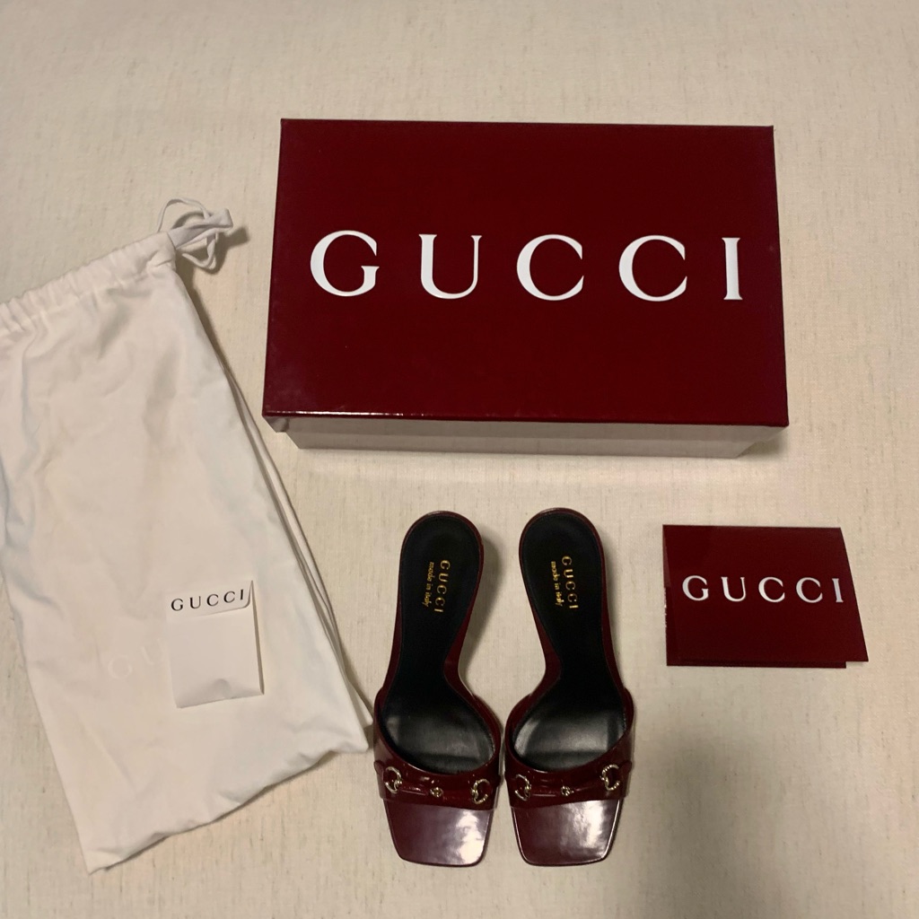 Gucci Burgundy Patent Leather High Heel Mules With Light Gold Hardware